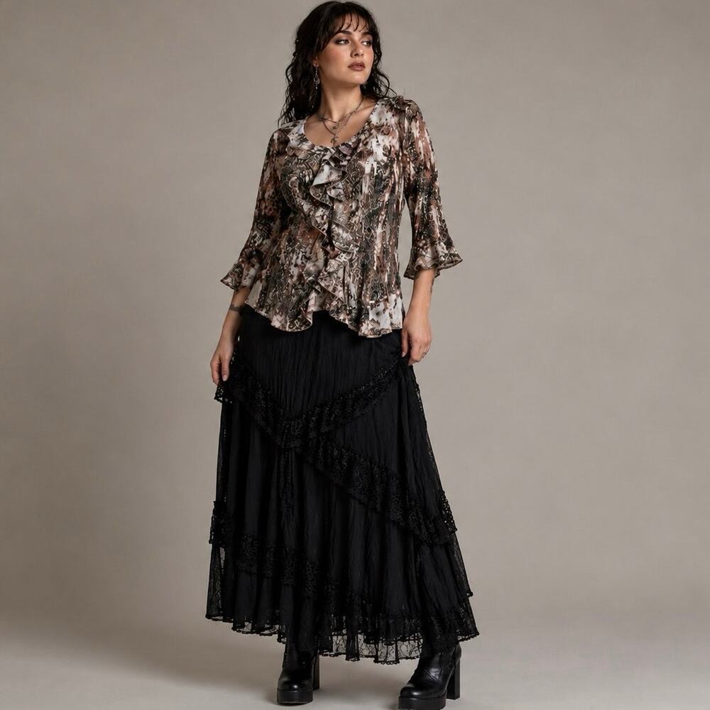Bohemian Paisley Ruffle Front Blouse XL Crinkle Bell Sleeve Earthy Soft Boho
